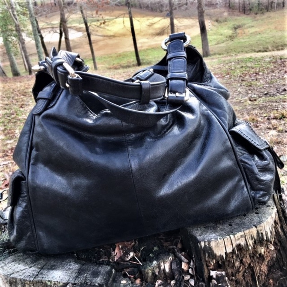 Italian Designer Francesco Biasia Black Leather Hobo Punk Biker Handbag Purse - Picture 2 of 11